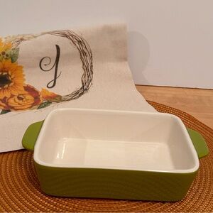 Crate & Barrel Avery Ceramic Baking Dish Green With White Interior & Handles
